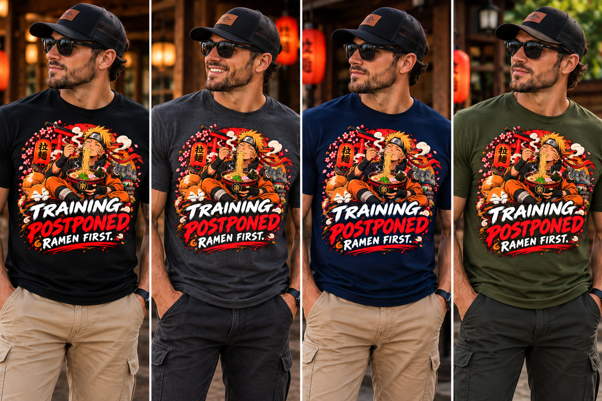 Training Postponed — Ramen First men’s shirt color mockups