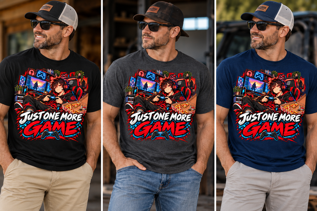 Just One More Game men’s shirt color mockups