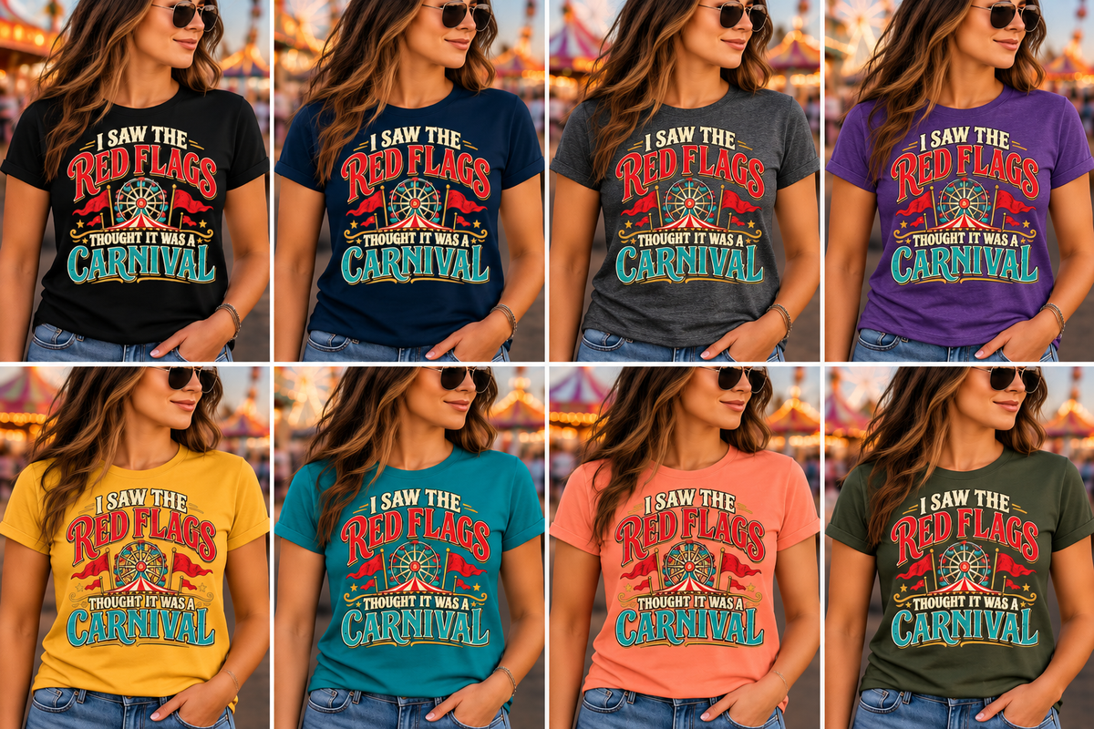 Red Flags Carnival women’s graphic tee — color options