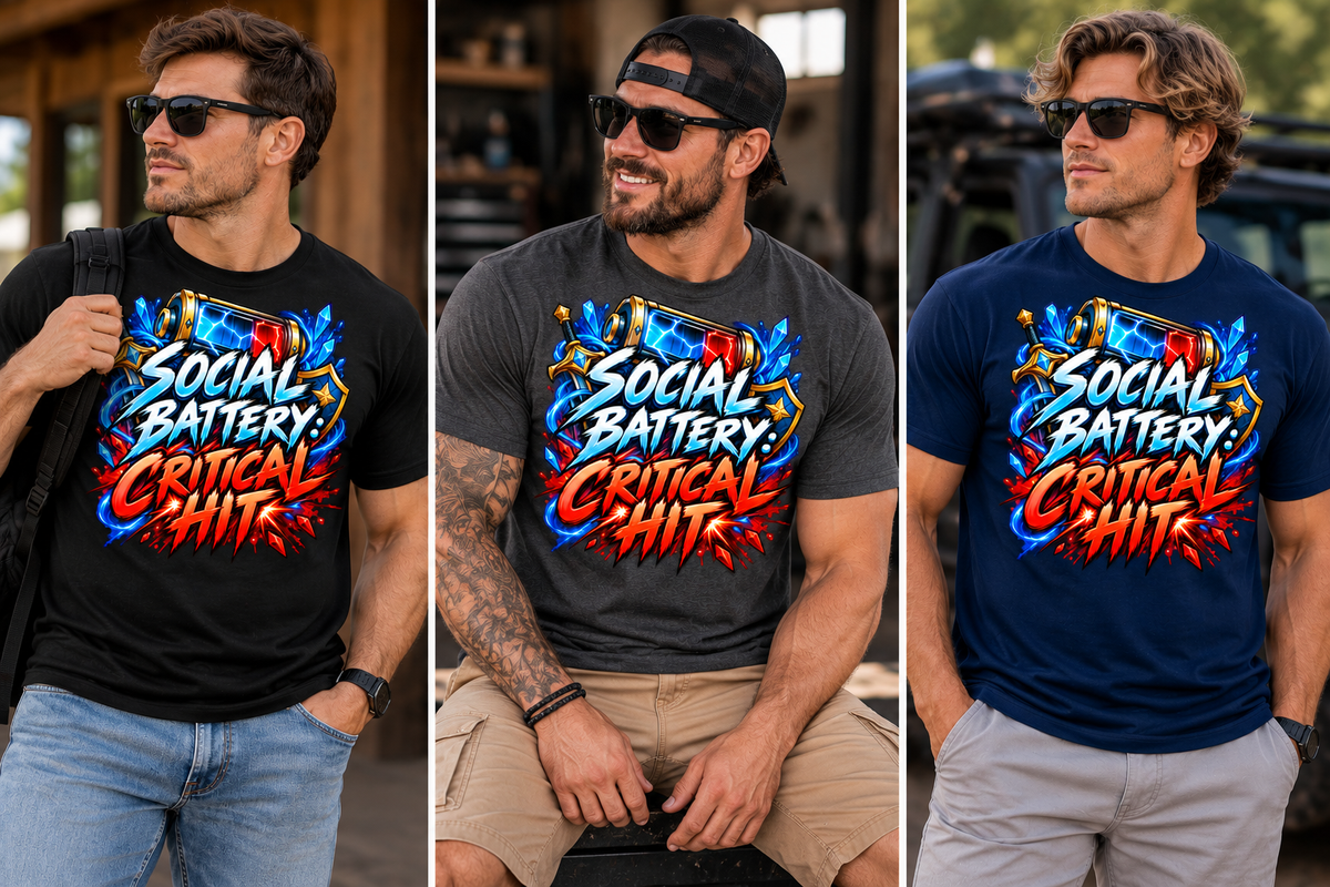 Social Battery — Critical Hit men’s shirt color mockups