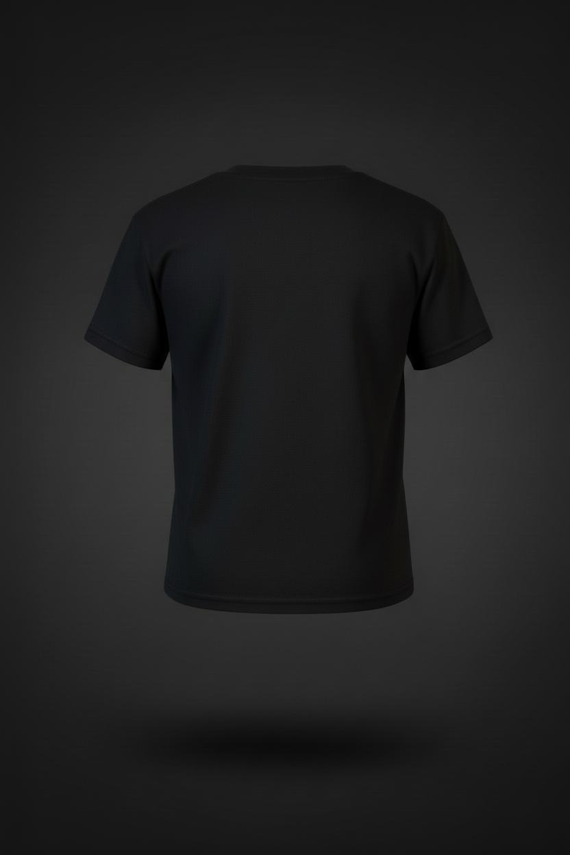 Saja Boys black youth t-shirt back view floating on dark charcoal gradient studio background